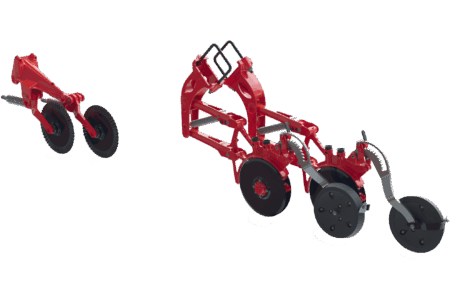 Photo de l'élément semeur triple disque monté sur parallélogramme pour semoir traîné pour semis direct AUROCK