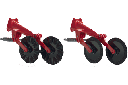 Deux disques ouvreurs disponibles sur le semoir traîné pour semis direct ou agriculture de conservation AUROCK, disque ondulé ou gaufré.