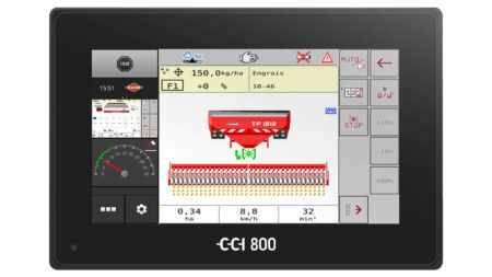 Bildschirm des Terminals CCI 800 mit pneumatischer ISOBUS-Säschiene BTF und Fronttank TF 1512