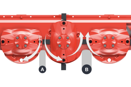 Schéma 3D de l'écartement variable entre les disques sur la barre de coupe OPTIDISC ELITE