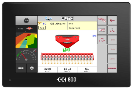 Terminal ISOBUS CCI 800 avec écran affichant les fonctions de la faucheuse-conditionneuse FC 9330 RA