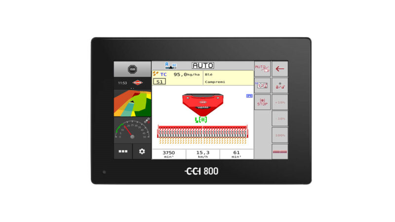 Photo du terminal ISOBUS CCI 800 avec vue d'un semoir pneumatique Venta