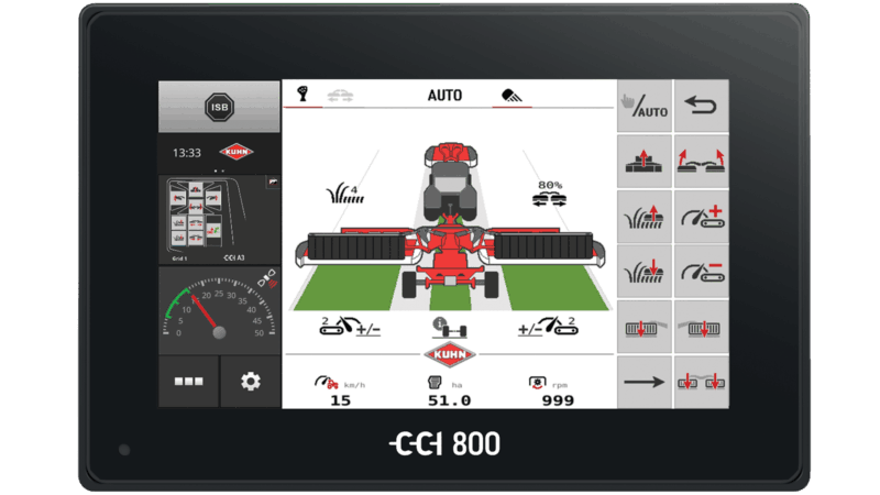 Photo du terminal ISOBUS CCI 800 avec vue de la faucheuse-conditionneuse FC 13460 RA