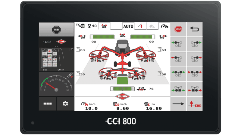 Photo du terminal ISOBUS CCI 800 avec vue de l'andaineur 4-rotors GA 13231