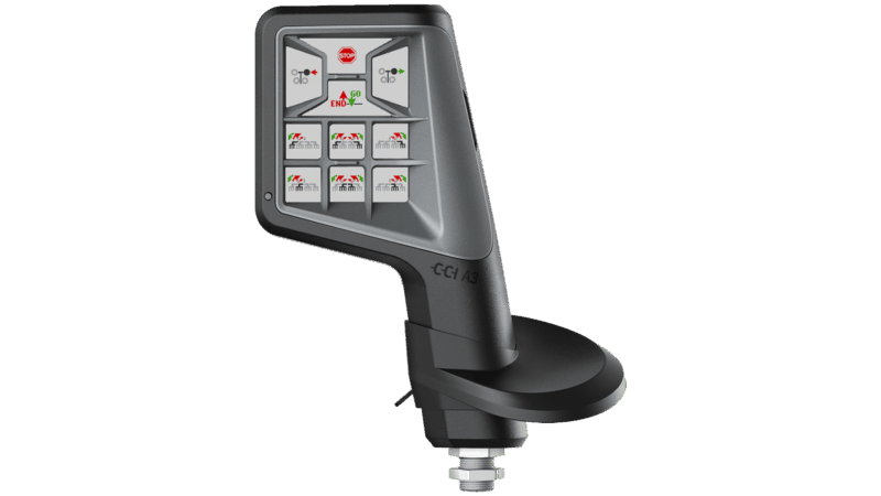 Foto des ISOBUS-Joysticks CCI A3 mit den generierten Symbolen für den 4-Rotor-Schwader GA 13231.